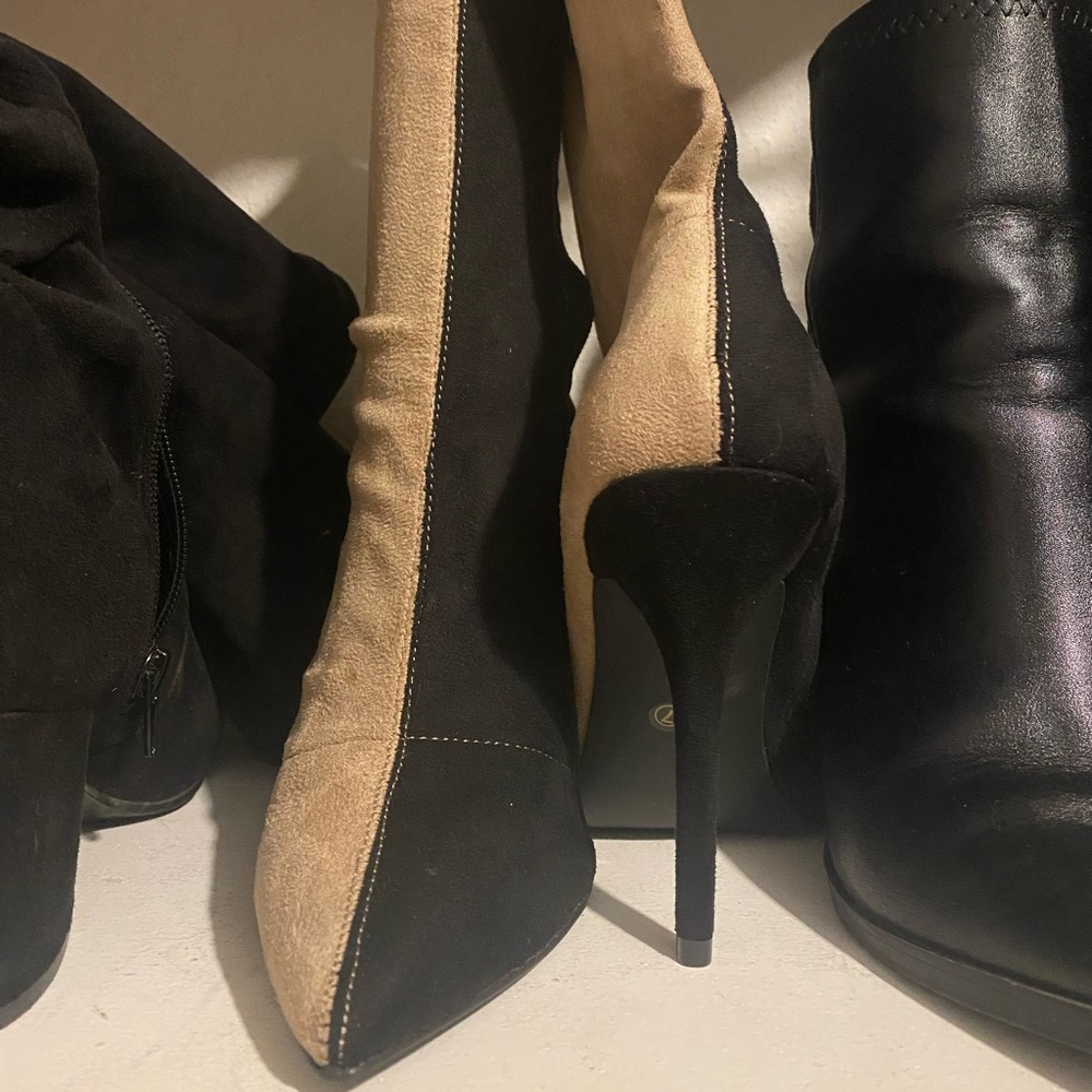 Stassy II Black and Taupe Color Block Pointed-Toe Sock Boots
